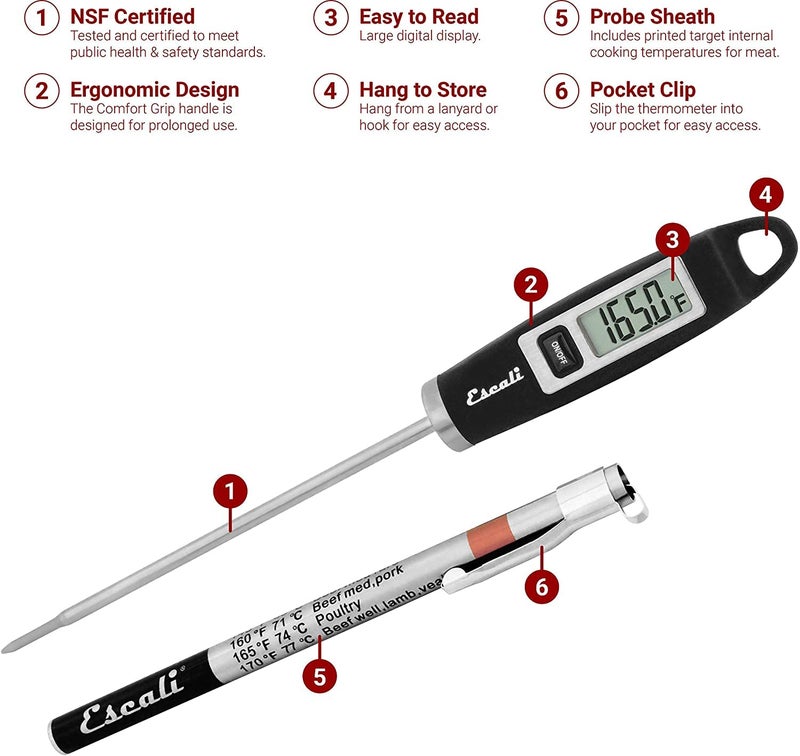 Escali DH1 Gourmet Digital Meat Thermometer with Extra Long Probe, NSF Certified, Black - Image 2